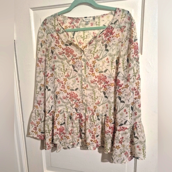 Boho Floral Button-Up Blouse Size L PTP 24 - Picture 1 of 6